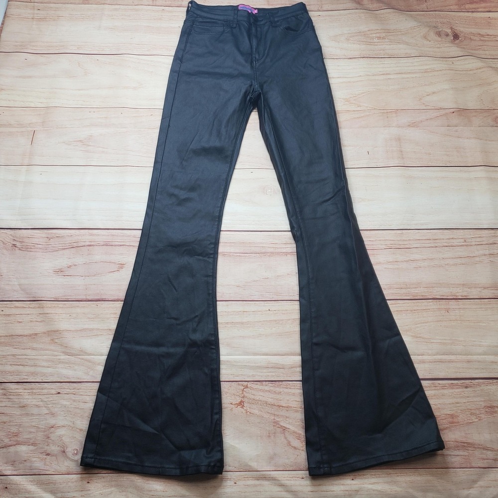Edikted Pants Womens M Black Coated Faux Leather Flare Jegging Stretch 26x33